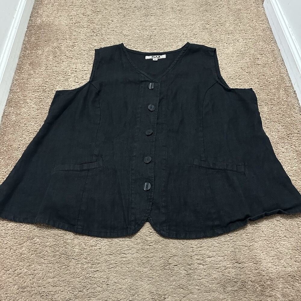 Flax 100% Linen Button Tank Vest Black Size 1G (XL) Sleeveless Blouse Buttons
